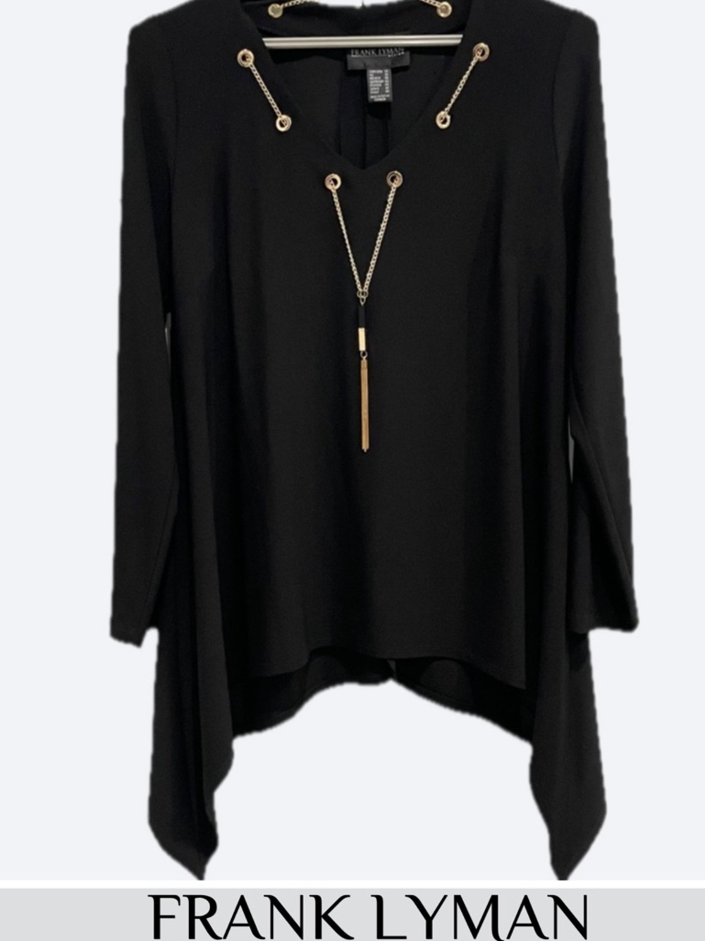 🇨🇦 Frank Lyman Elegant Black Women's Top With Gold Tone Chain Accents 💖 Size 14